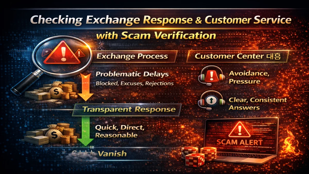 먹튀검증 기준으로 환전 응대와 고객센터 대응을 점검하는 이미지